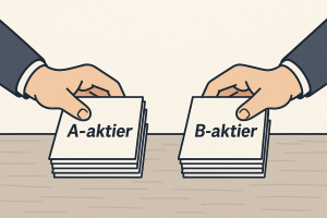Kapitalklasser i selskaber: To hænder holder A-aktier og B-aktier i hver sin bunke på et bord for at vise forskelle i stemmeret, udbytte og exit.